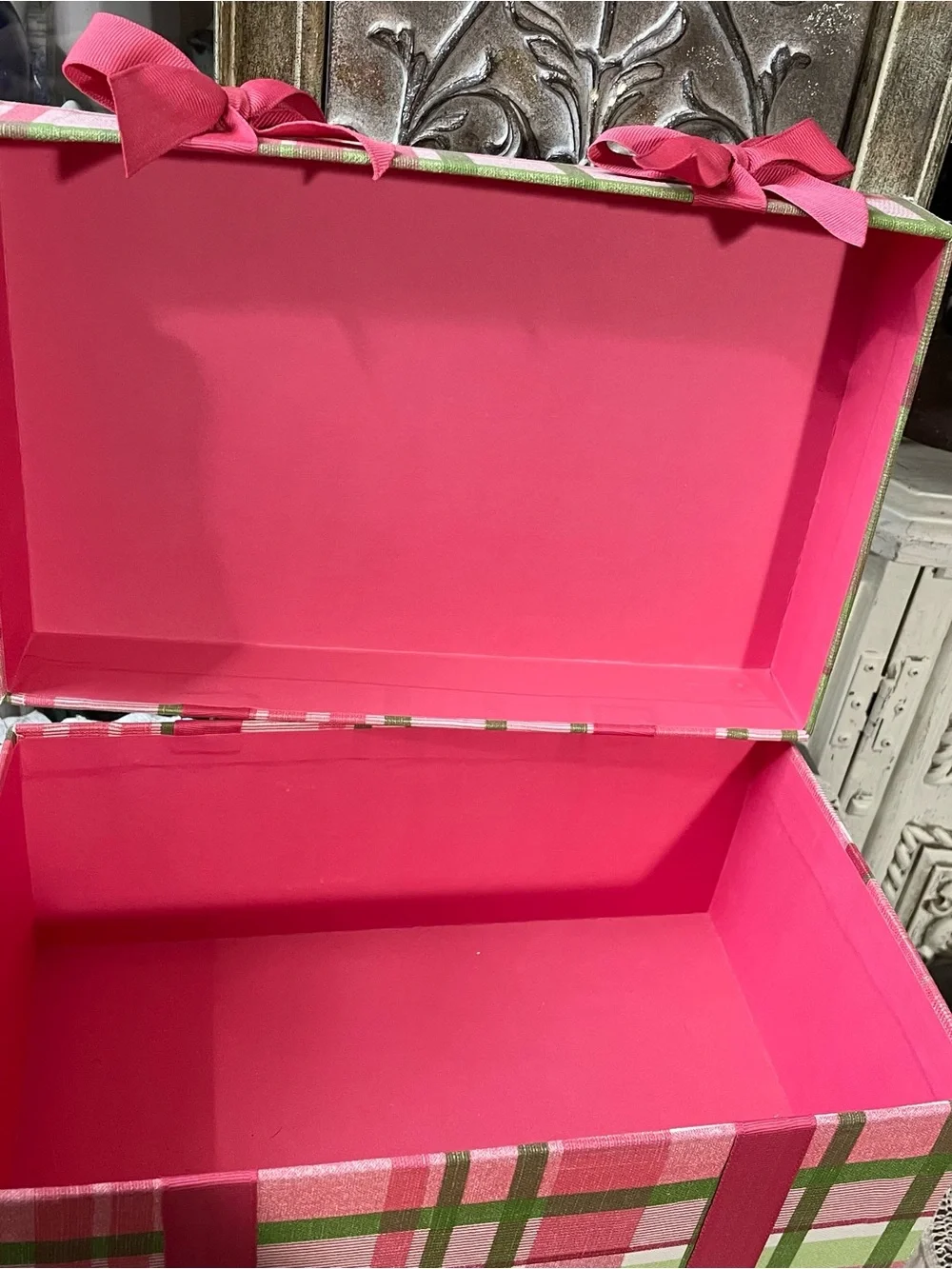 Pink green white plaid fabric storage gift box